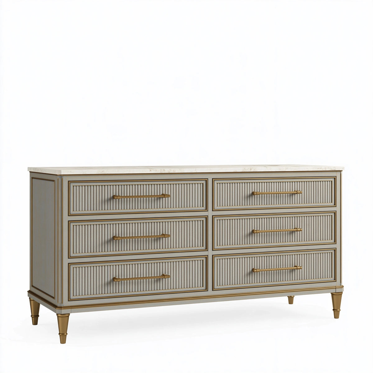 Cassettiera 160 x 45 x 90 cm in legno grigio chiaro con piano effetto marmo e 6 cassetti stile classico
