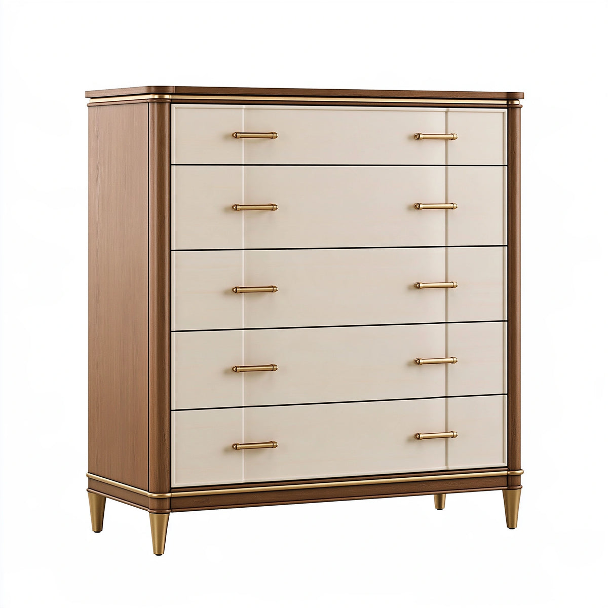 Cassettiera 100 x 45 x 120 cm in legno marrone e crema con 5 cassetti stile classico