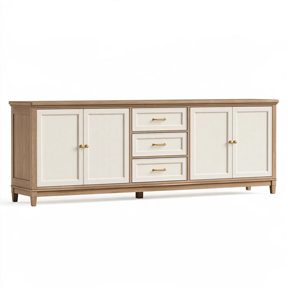 Credenza 200 x 45 x 90 cm in legno bianco e rovere - mobile contenitore classico con 4 ante e 3 cassetti