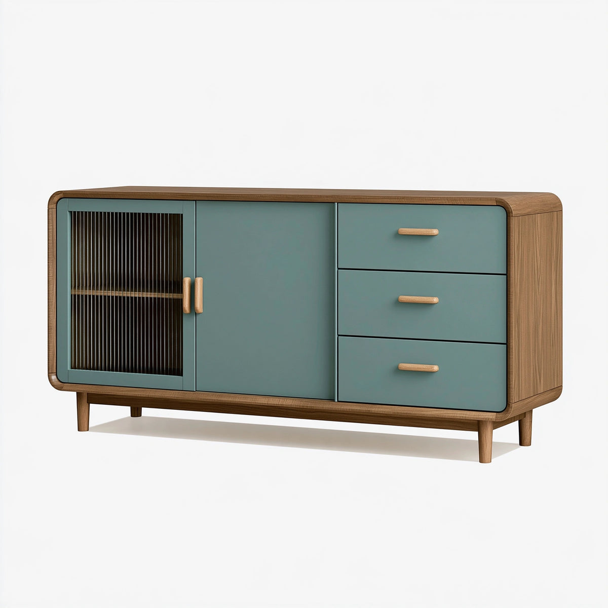 Credenza 160 x 45 x 85 cm in legno noce e verde petrolio con ante e cassetti stile moderno