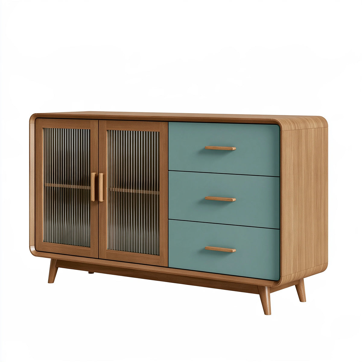 Credenza 140 x 45 x 95 cm in legno marrone e verde salvia con ante in vetro rigato e cassetti stile retrò