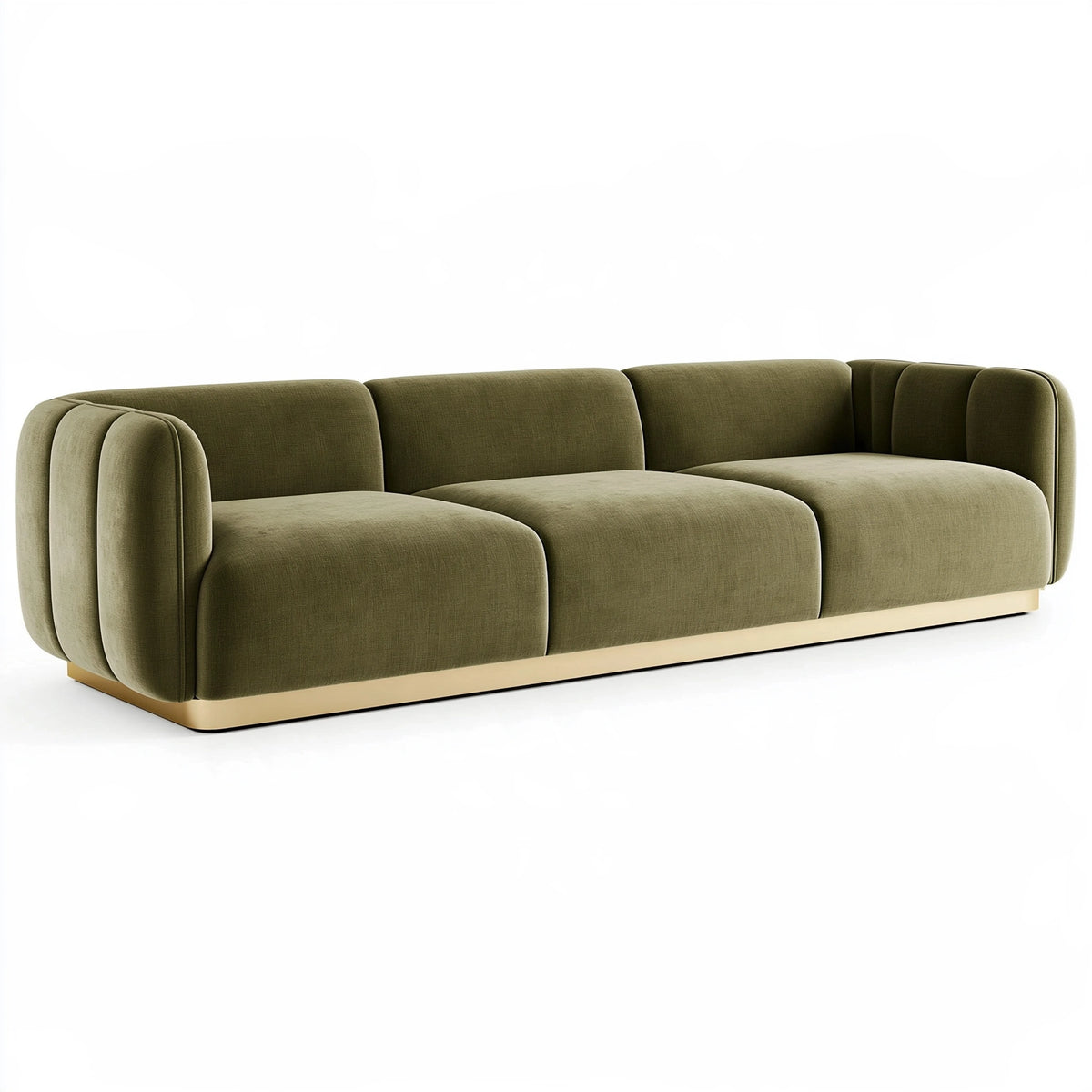 Divano 3 posti 240 cm in tessuto verde oliva con base dorata - stile moderno