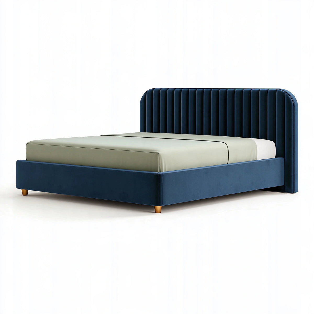 Letto matrimoniale 160 x 200 cm in velluto blu con testiera imbottita a canali