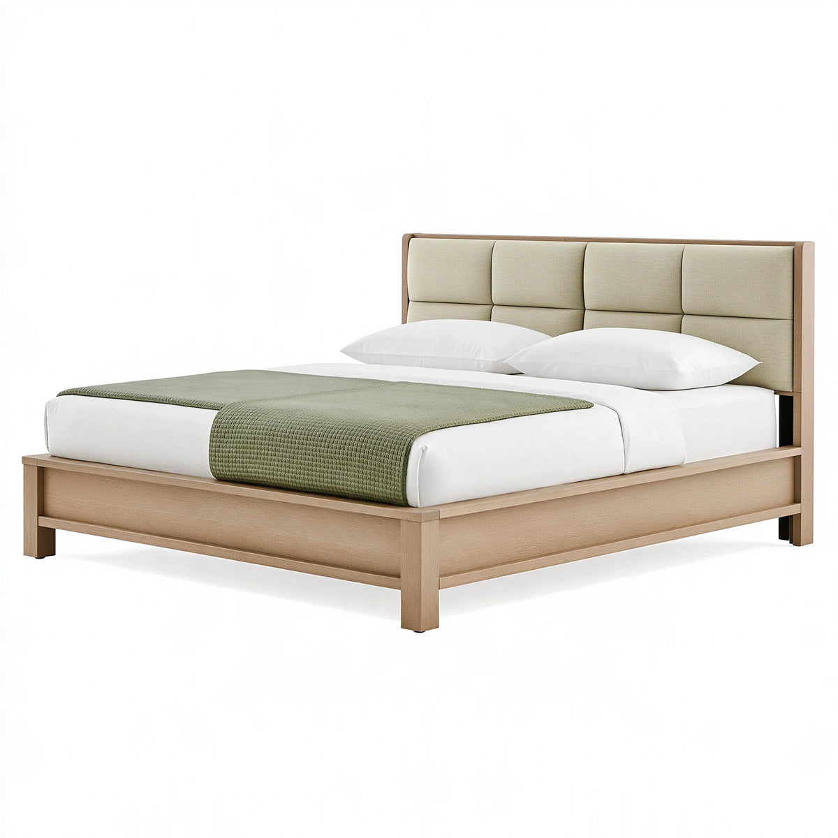 Letto matrimoniale 160 x 200 cm in legno naturale e tessuto verde salvia - testiera imbottita moderna