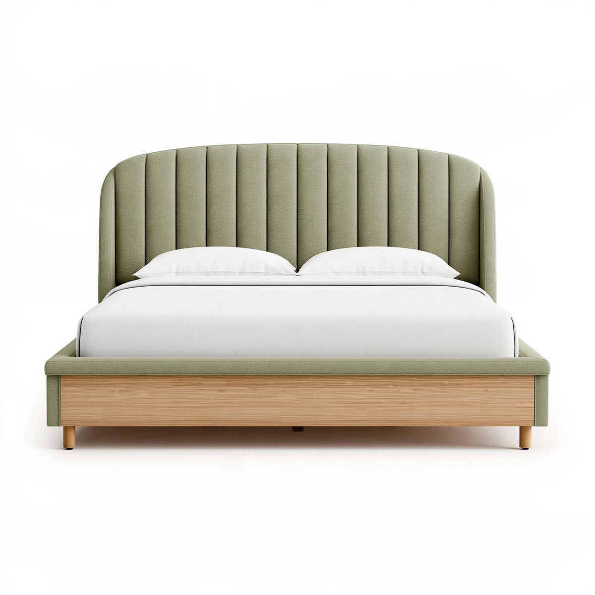 Letto matrimoniale 160 x 200 cm in legno e tessuto bouclé verde salvia - testiera imbottita a pannelli