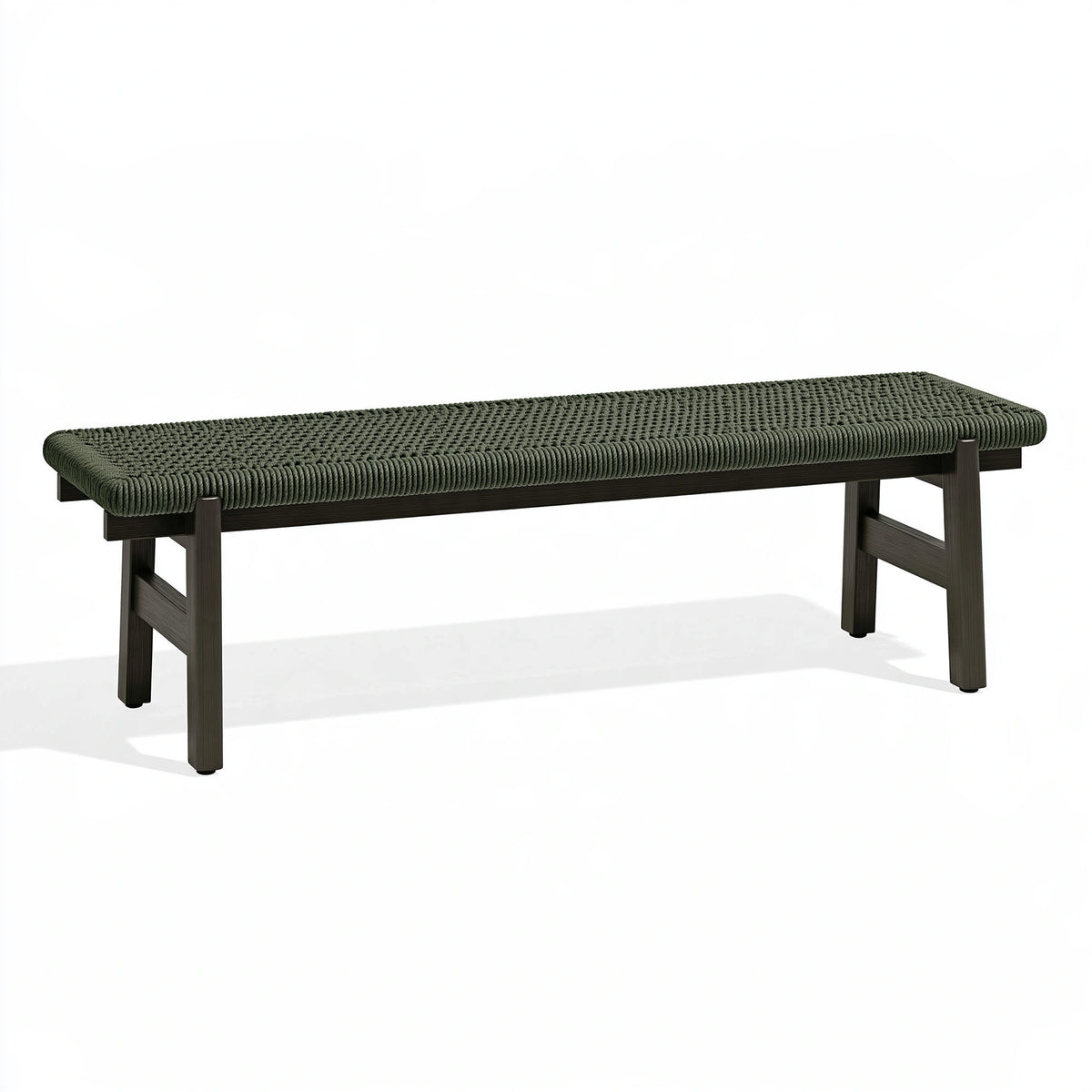 Panca da giardino 140 x 40 x 45 cm in legno e corda intrecciata verde oliva stile contemporaneo