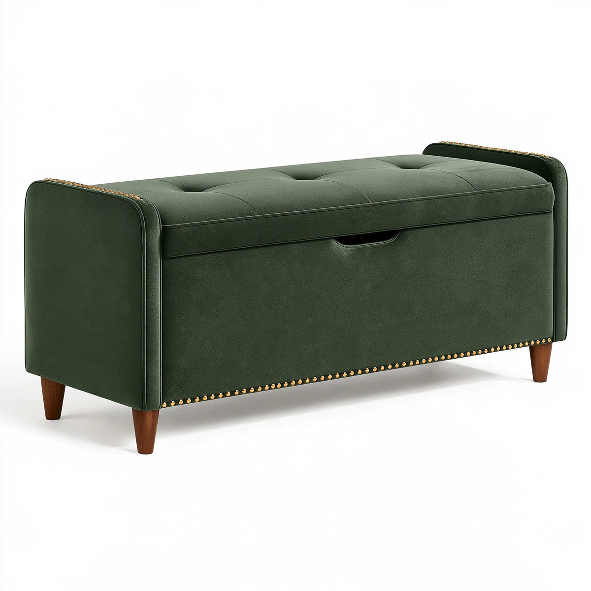 Panca contenitore 130 x 45 x 55 cm in velluto verde con seduta imbottita stile classico
