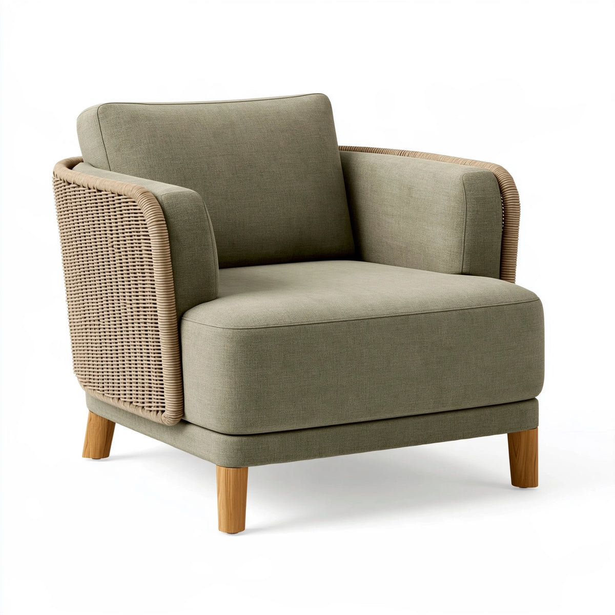 Poltrona 80 x 82 x 88 cm in tessuto verde salvia e intreccio effetto rattan - stile contemporaneo