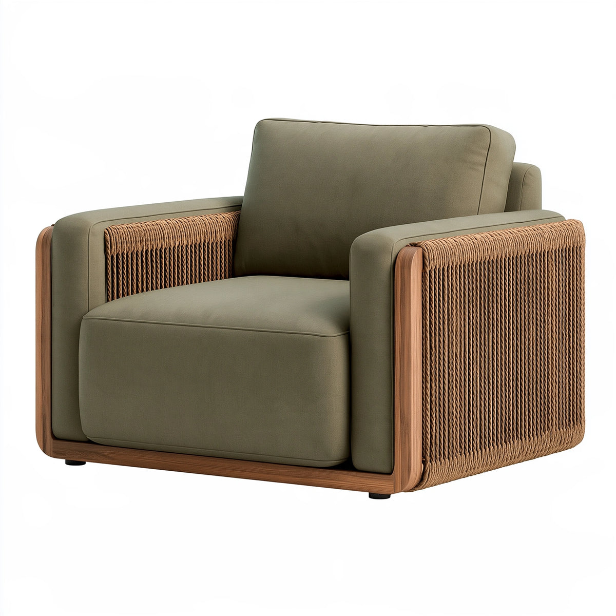 Poltrona 95 x 90 x 85 cm in tessuto verde oliva con corda intrecciata e struttura in legno stile moderno